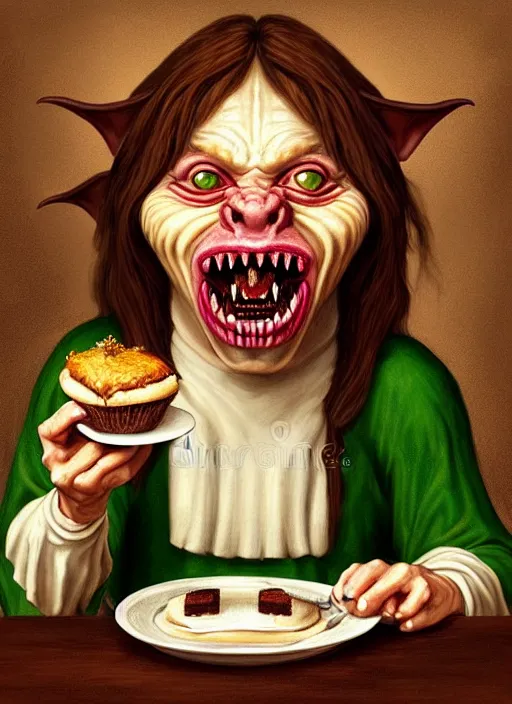 Image similar to portrait of a medieval goblin eating cakes in the cloisters beautiful face hyper realistic highly detailed digital painting artstation illustration co