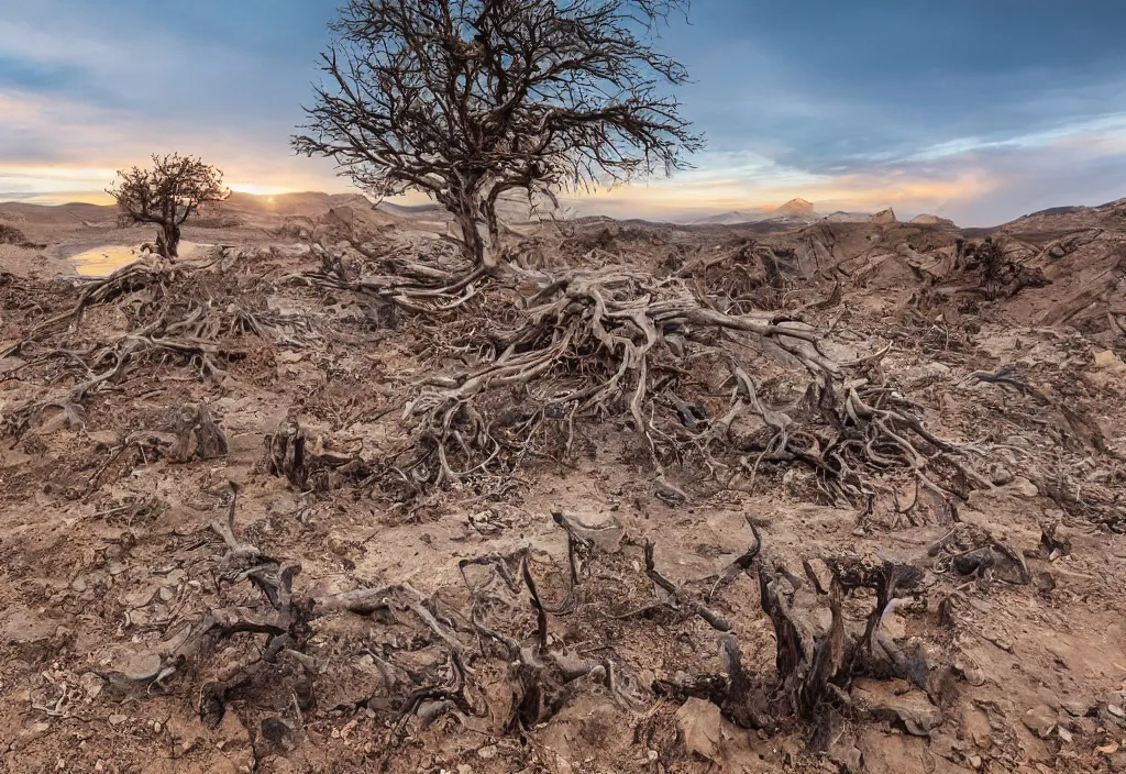 Image similar to amazing landscape photo of the Namib landscape with mountains in the distance and a dead tree stump on the rocks in the foreground by marc adamus, beautiful dramatic lighting, 16mm wide angle lens