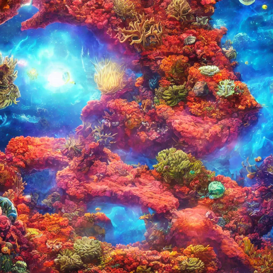 Prompt: album art, anime visuals, of an alien planet made out of different coloured corals, with big starfish, creatures, rocky landscape, floating waterfalls, omni magazine