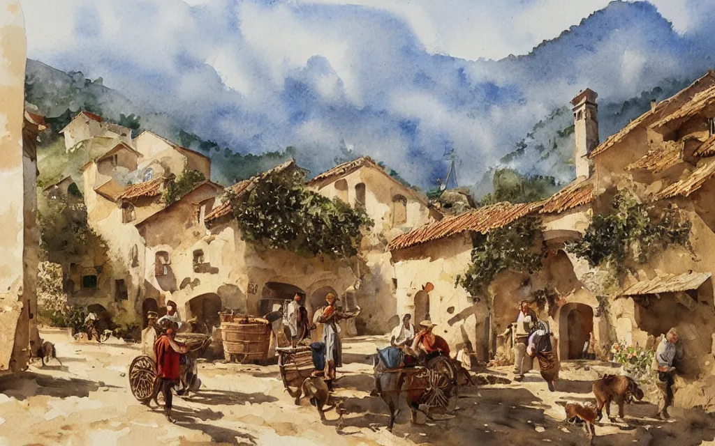 Image similar to beautiful watercolor painting by joseph zbukvic and alvaro castagnet, depicting a wine harvesting on a sunny day in a little italian village