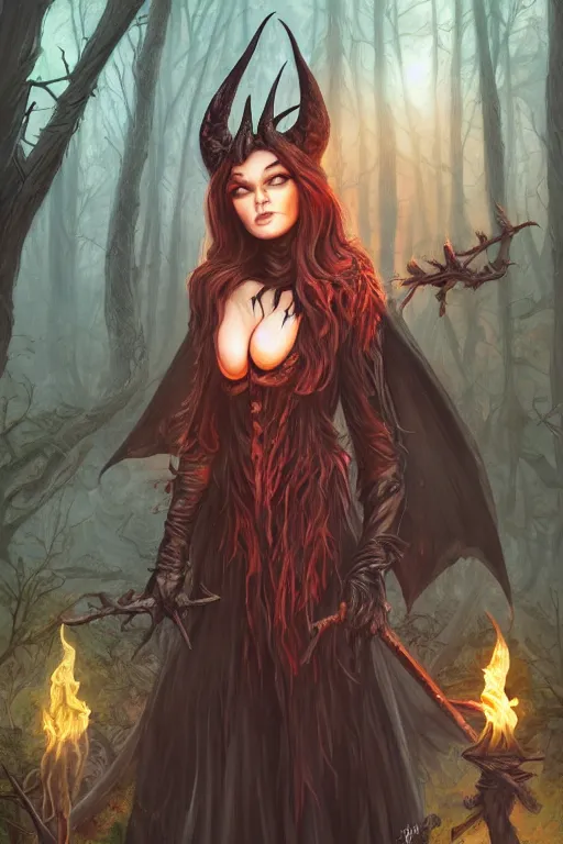 Prompt: satanic witch in the evil forest, fantasy, 8 k resolution, hyper detailed, d & d, character design, digital painting, trending on artstation, sharp focus, illustration, art by artgerm, steve zheng, fuji choko, viktoria gavrilenko, hoang lap