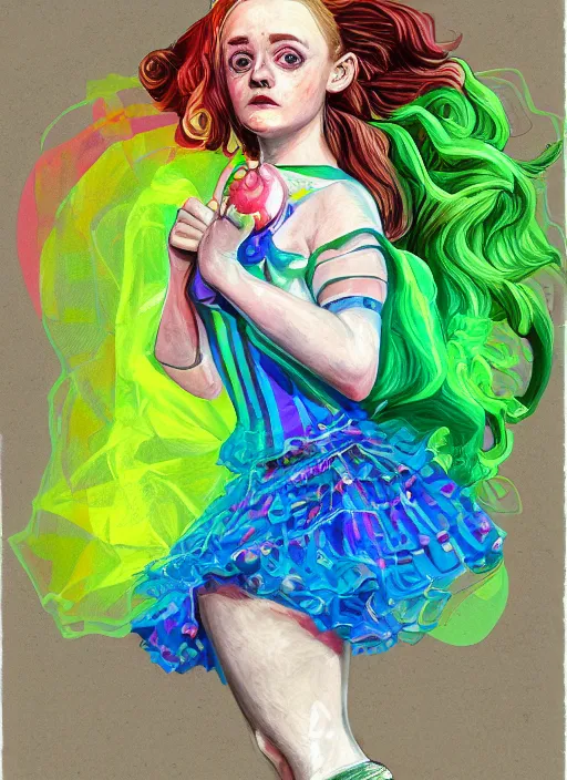 Image similar to surrealism psychedelic full body portrait sketch of evanna lynch as sadie sink as delirium of the endless in fishnet top and rainbow tutu skirt from the sandman, floating goldfish, green and blue eye heterochromia by alex ross, josh kirby, detailed, elegant, intricate