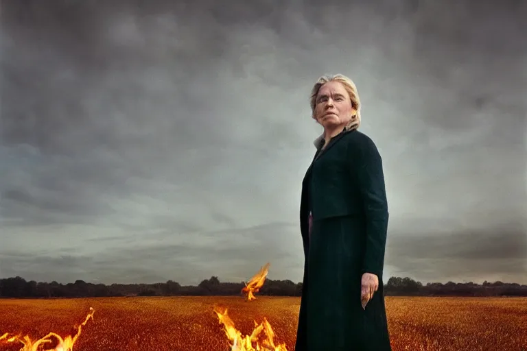 Image similar to a cinematic headshot portrait of a frozen middle aged woman stood in a field, field on fire, ultra realistic, depth, beautiful lighting, by annie leibovitz