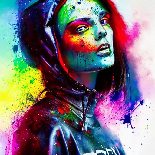 Prompt: a cyberpunk goddess wearing hoodies, side portrait, striking, defiant, spotlight, paint drips, paint splatter, vibrant colors, beautiful eyes, by marco paludet and gianni strino and marion bolognesi - n 4