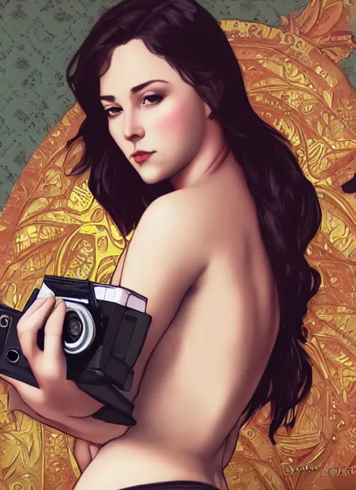 Prompt: portrait of a sexy woman with a polaroid in the style of GTA V , full length shot, shining, 8k highly detailed, sharp focus, illustration, art by artgerm, mucha, bouguereau