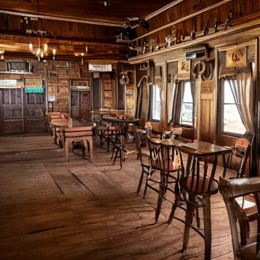 Prompt: Empty Old West Saloon at the break of day, Rococo style