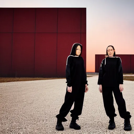 Image similar to photographic portrait of 2 clones in front of a brutalist metal building, 2 techwear women, on a desolate plain, red sky, black oversized clothes, sigma 8 5 mm f / 1. 4, 4 k, depth of field, high resolution, 4 k, 8 k, hd, full color