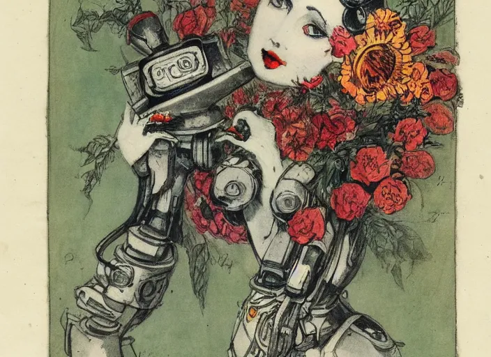 Prompt: Louis Icart, an old elaborate colored drawing of a robot with flowers coming out its head, highly detailed, masterpiece