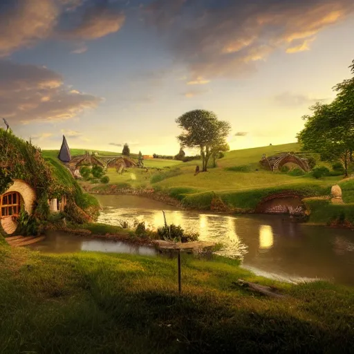 Image similar to A very detailed matte painting of Hobbiton near a river in the countryside, evening, Moebius, Artstation