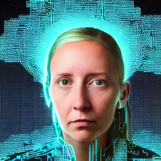 Image similar to portrait of emma wattson undergoing cybernetic mind ascension