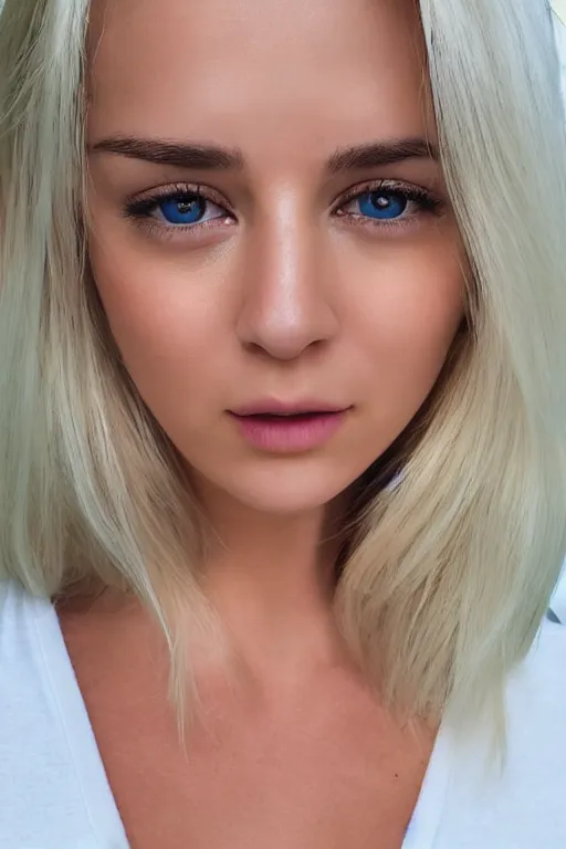 Image similar to 2 4 year old professional blonde female wearing white v - neck top, neck zoomed in, photo realistic, extreme detail skin, no filter, slr, golden hour, 4 k, high definition, photograph, selfie