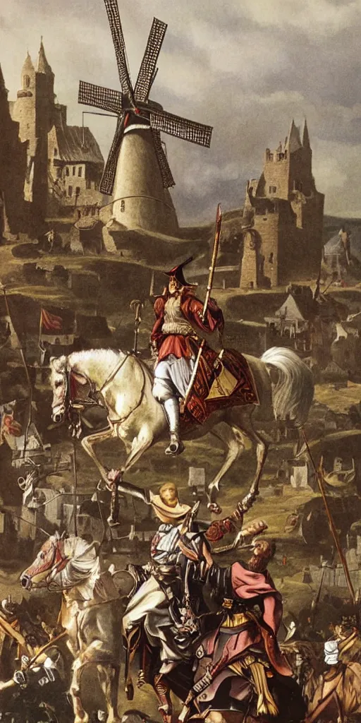 Image similar to donquixote in lamancha surrounded by white windmills airbrush fantasy 80s, realistic masterpiece