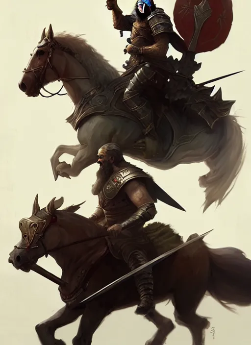 Image similar to epic bearded war commander holding gigantic sword and large shield riding a horse. highly detailed, digital painting, concept art, smooth, sharp focus, illustration, art by greg rutkowski