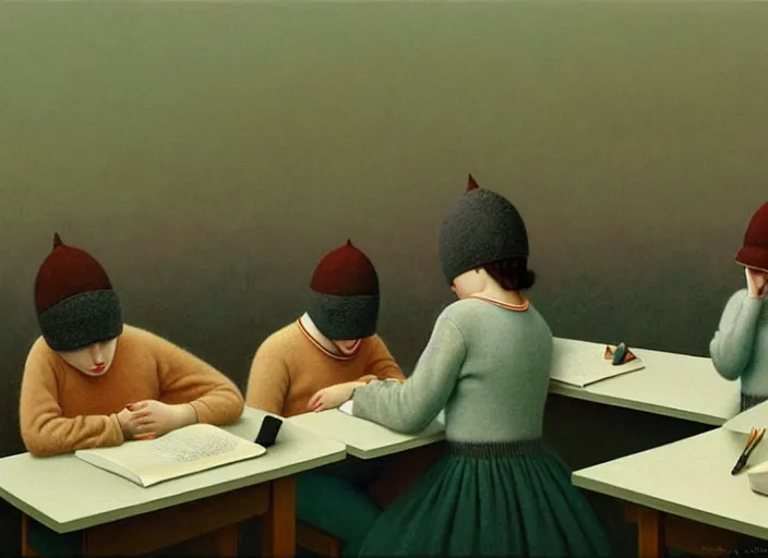 Prompt: a very boring day in school, painting by quint buchholz and ray caesar, muted colors, gray, dull, boring, low energy, pale blue faces, very detailed