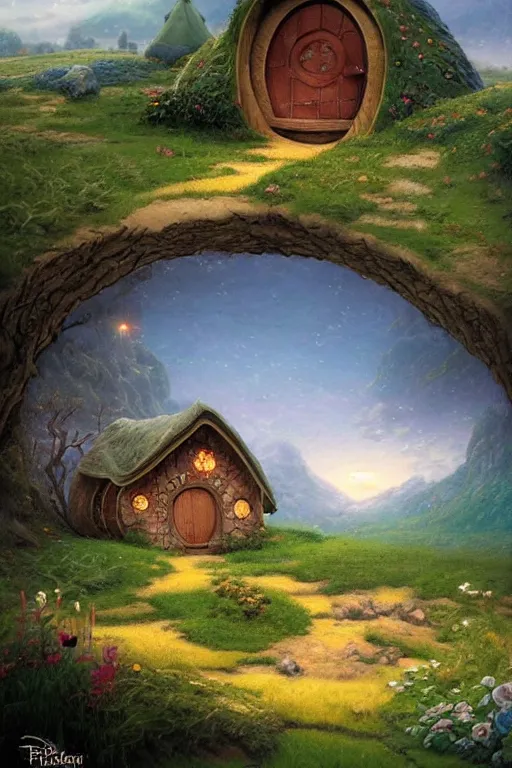 Prompt: beautiful matte painting of a hobbit house beautiful grassy hills by brian kesinger and bridget bate tichenor, thomas kinkade