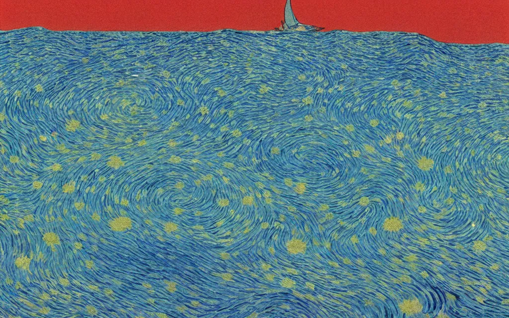 Prompt: a serene morning at the lake, fractal. japanese embroidery. retro minimalist art by jean giraud and van gogh.