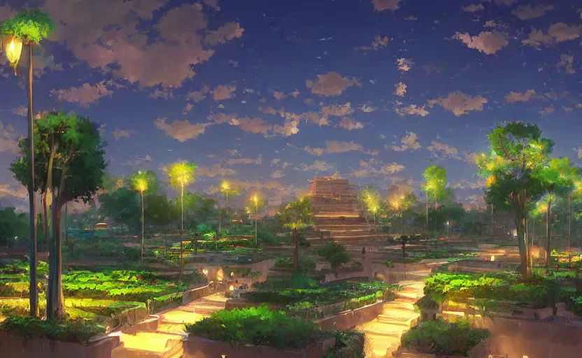 Image similar to beautiful landscape artwork of the gardens of babylon at night, ambient lights, masterpiece by Makoto Shinkai