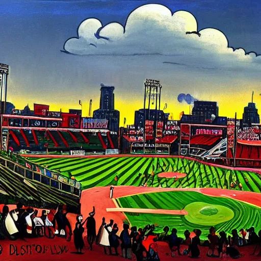 Image similar to painting of boston by michel delacroix, fenway park in the background, very detailed, high quality