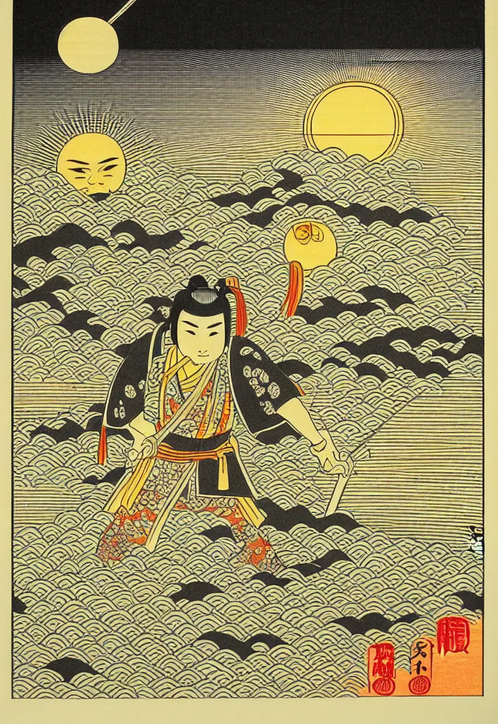 Image similar to prompt: Samurai standing in the middle of the lake with a big sun above him and clody skydrawn by TakatoYamamoto, Japanese woodblock print style, inspired by 1980's sci-ci, clean ink detailed line drawing, intricate detail, manga 1980