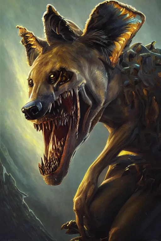 Image similar to beautiful oil painting with high detail and of a Hyena-Skeleton-Plasma-Galaxy God hybrid from dungeons and dragons and art direction by James Cameron ;by artgerm; wayne reynolds art station; cinematic quality character render; low angle; ultra high quality model; production quality cinema model;