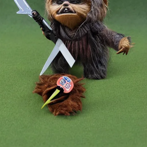 Prompt: star wars ewok running with scissors, forest, science fiction, wicket return of the jedi 1 : 6 scale