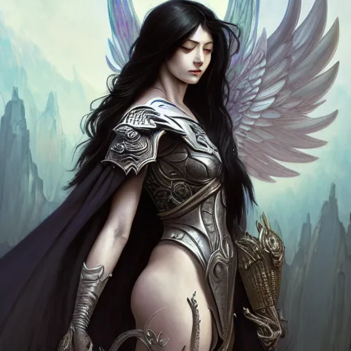 Image similar to powerful fantasy story girl with gray skin and dark gray hair and large black angel wings and armor, vivid colors, intricate, elegant, highly detailed, digital painting, artstation, concept art, smooth, sharp focus, illustration, art by artgerm and greg rutkowski and alphonse mucha and loish and wlop