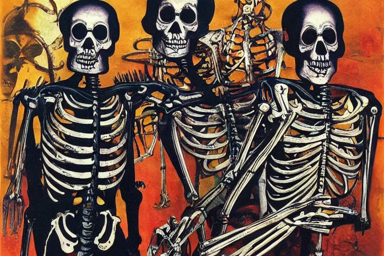 Image similar to scene from apocalypse now, day of the dead, cyber skeleton, neon painting by otto dix