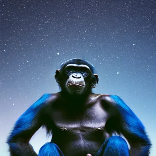 Image similar to a blue chimp is laying on his back, looking at the stars, 4 k, photo, beautiful