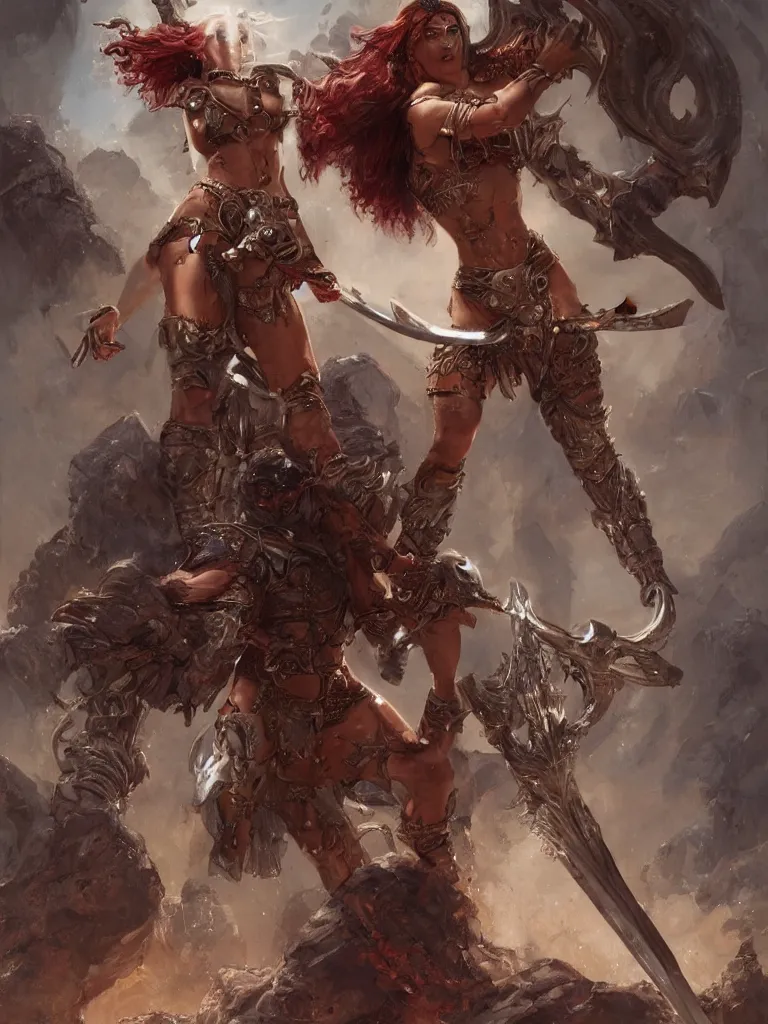 Prompt: A beautiful digital mixed media concept art painting of an intersex female barbarian wielding a greatsword on an alien planet wearing bikini chainmail. Looks like Karina Nicoldine with oily skin and red hair. Fierce and determined. By Yoann Lossel and Boris Vallejo.