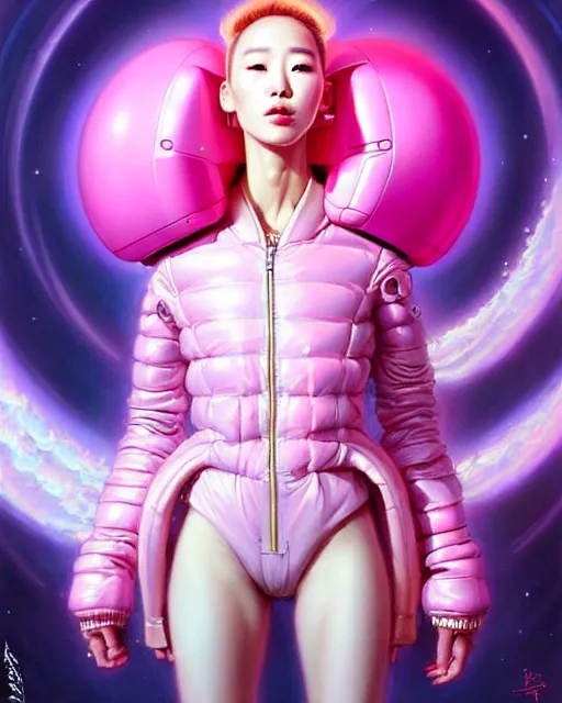 Image similar to beautiful fantasy character portrait, roseanne park, wearing pink puffy bomber jacket with leotard, futuristic robots, ultra realistic, dramatic lighting, robots, the fifth element artifacts, highly detailed by peter mohrbacher, hajime sorayama, wayne barlowe, boris vallejo, aaron horkey, gaston bussiere, craig mullins