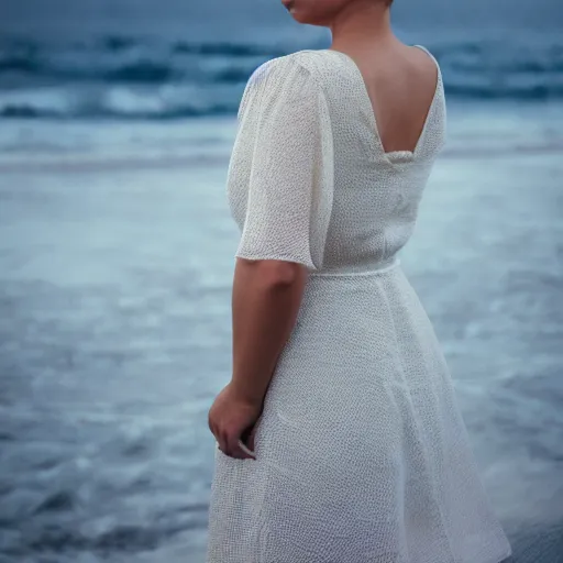 Prompt: image of Barbara genshin impact in a light dress against the sea, photorealistic, shooting 35mm, beautiful, photography, 4k, soft light, studio light