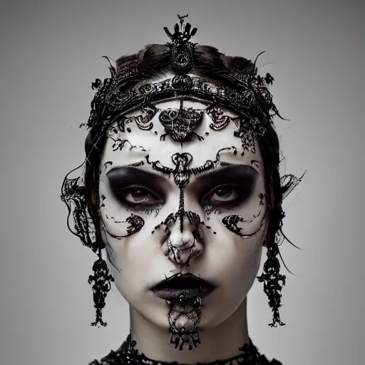 Image similar to a portrait of female model by stefan geselle and nekro borja, half face mask, photorealistic, intricate details, hyper realistic, dark fantasy, ornate headpiece, dark beauty, photorealistic, canon r 3, photography, wide shot, photography, dark beauty, symmetrical features, wide angle shot