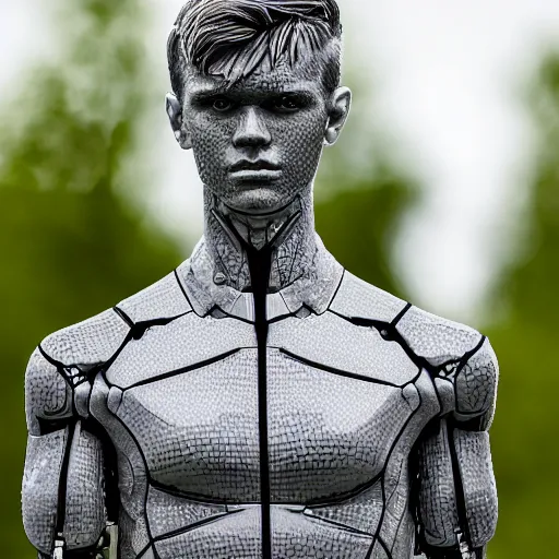 Image similar to a realistic detailed photo of a guy who is an attractive humanoid who is half robot and half humanoid, who is a male android, soccer player martin ødegaard, shiny skin, posing like a statue, blank stare, by the pool, on display, showing off his muscles, humanoid robot, frozen ice statue