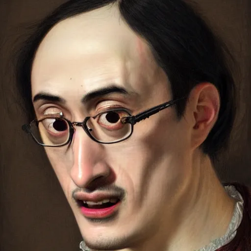 Image similar to A 17th century Baroque Painting of Filthy Frank, grainy, realistic, hyperrealistic, very realistic, very very realistic, highly detailed, very detailed, extremely detailed, detailed, digital art, trending on artstation, detailed face, very detailed face, very detailed face, realism, HD Quality, 8k resolution, intricate details, body and head in frame, painting, oil painting, trending on deviantart, Baroque Painting