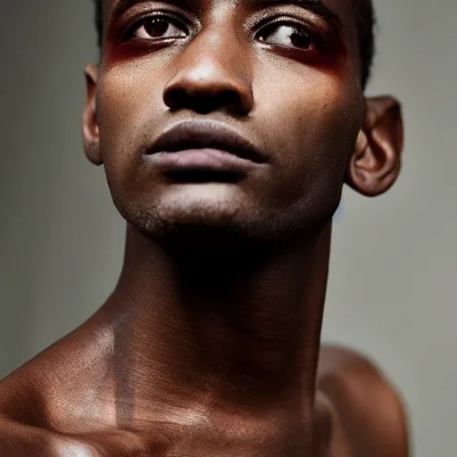 Prompt: a muted colors natural make-up portrait Photograph of a male black model, editorial story, Vogue France, editorial photographer by Peter Gehrke