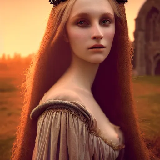 Image similar to photographic portrait of a stunningly beautiful medieval maiden gothic female in soft dreamy light at sunset, contemporary fashion shoot, by edward robert hughes, annie leibovitz and steve mccurry, david lazar, jimmy nelsson, breathtaking, 8 k resolution, extremely detailed, beautiful, establishing shot, artistic, hyperrealistic, beautiful face, octane render