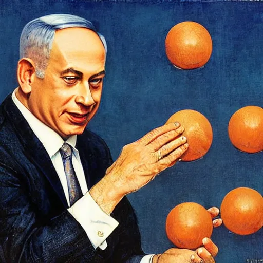 Image similar to benjamin netanyahu juggling, by norman rockwell and michael cheval