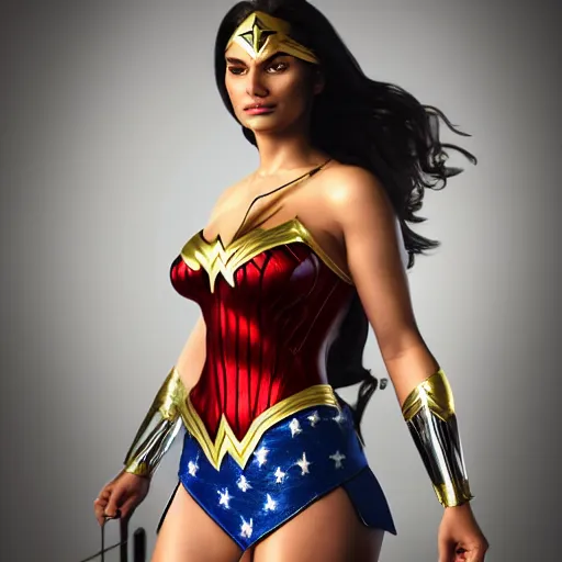 Image similar to hyperrealistic film full body still of mia khalifa as wonder woman, inspired by istvan sandorfi & greg rutkowski & unreal engine, perfect facial symmetry, dim volumetric cinematic lighting, 8 k octane comprehensive render, extremely hyper - detailed, incredibly lifelike attributes, intricate, real flesh texture, masterpiece, artstation, stunning,