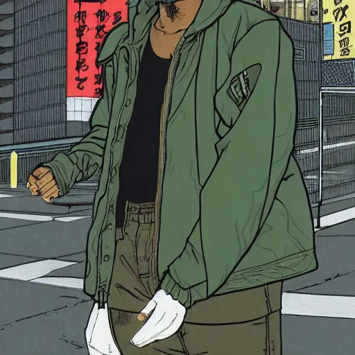 Image similar to illustration by katsuhiro otomo, black man with afro hair, raspy beard stubble, wearing an adidas army green jacket, in the streets of tokyo, akira style, by katsuhiro otomo