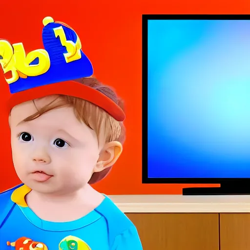 Image similar to baby watching blippi on tv, photorealistic, 8 k