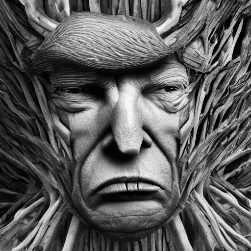 Image similar to donald trump is fused into a tree stump, hyperdetailed, artstation, cgsociety, 8 k