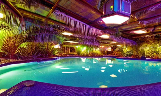 Image similar to indoor pool with ferns and palm trees at night, shops, pool tubes, chromatic abberation, dramatic lighting, dim lighting, horror lighting, depth of field, 80s photo, wideangle, fisheye