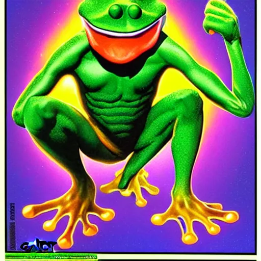 Prompt: bright green frog warrior by greg hildebrandt. nintendo power hd poster from 9 0 s.
