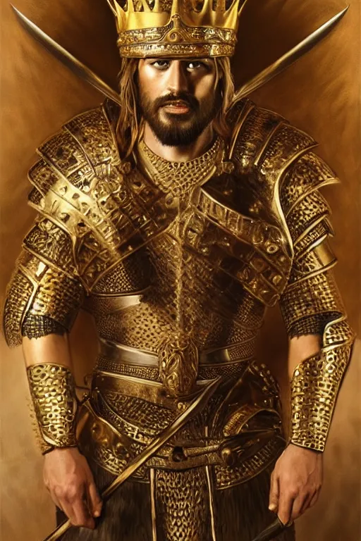 Prompt: Hyper-realistic Portrait of the King of the Desert, Warrior Man, Gold Armour and Crown, Sword, handsome attractive face, beautiful face, photo realistic, highly detailed, dramatic lighting, majestic, trending on artstation, elegant, intricate, highly detailed, digital painting, concept art, sharp focus, illustration, art by artgerm and greg rutkowski and alphonse mucha