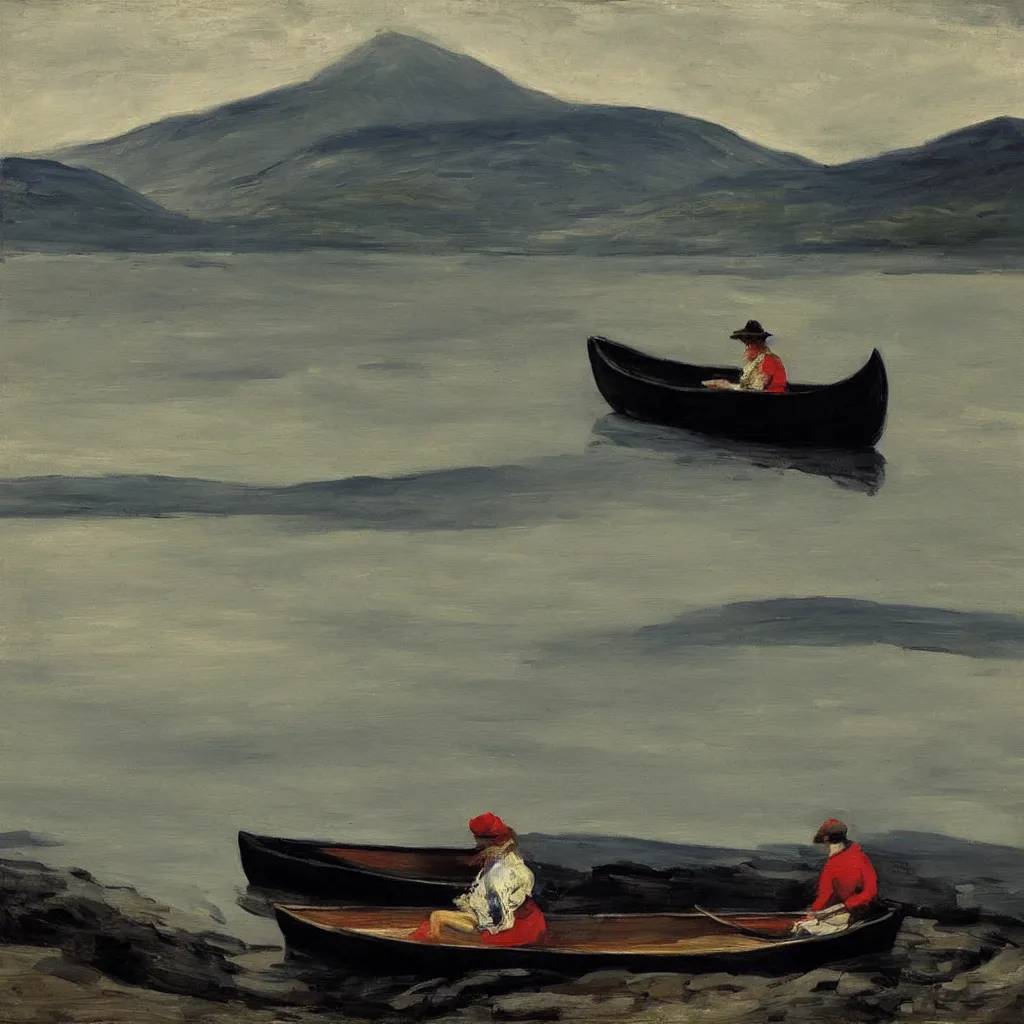 Prompt: “ a woman sitting in canoe on the hudson river, mountains in fog background, award winning oil painting, by george bellows ”