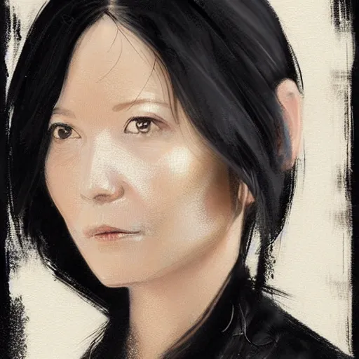 Image similar to Portrait of a woman by Greg Rutkowski, she is about 50 years old, japanese, black straight hair, attractive, elegant, airs of superiority, boss vibes, she is wearing white and black utilitarian jumpsuit, highly detailed portrait, scifi, digital painting, artstation, concept art, smooth, sharp foccus ilustration, Artstation HQ.