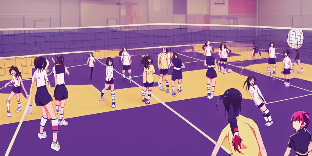 Prompt: girls chilling in school gymnasium playing volleyball, anime style, 2 d, pixel art, digital art, makoto shinkai style, colorful, highly render, octane render, hand drawing style, japanese anime style,