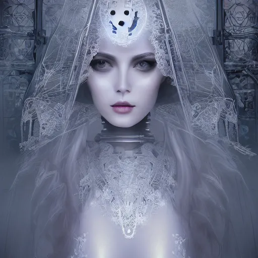 Prompt: female gothic robots with transparent head with mechanical brain and beautiful human face, dressed in white intricate lace, veils and jewels, epic environment, matte painting, diffused lighting, highly detailed, cinematic, epic atmosphere, digital art, trending on artstation, wide angle