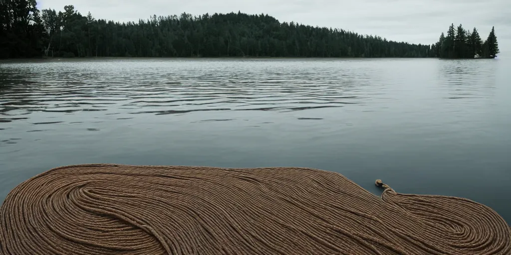 Prompt: centered photograph of a single line of thick big brown \ long rope floating on the surface stretching out to the center of the lake, a dark lake sandy shore on a cloudy day, color film, trees in the background, foreground rock, hyper - detailed kodak color film photo, anamorphic lens