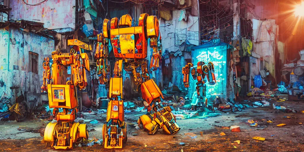 Image similar to colourful - damaged - giant mecha ROBOT of neon lit AJEGUNLE SLUMS of Lagos, markings on robot, Golden Hour,